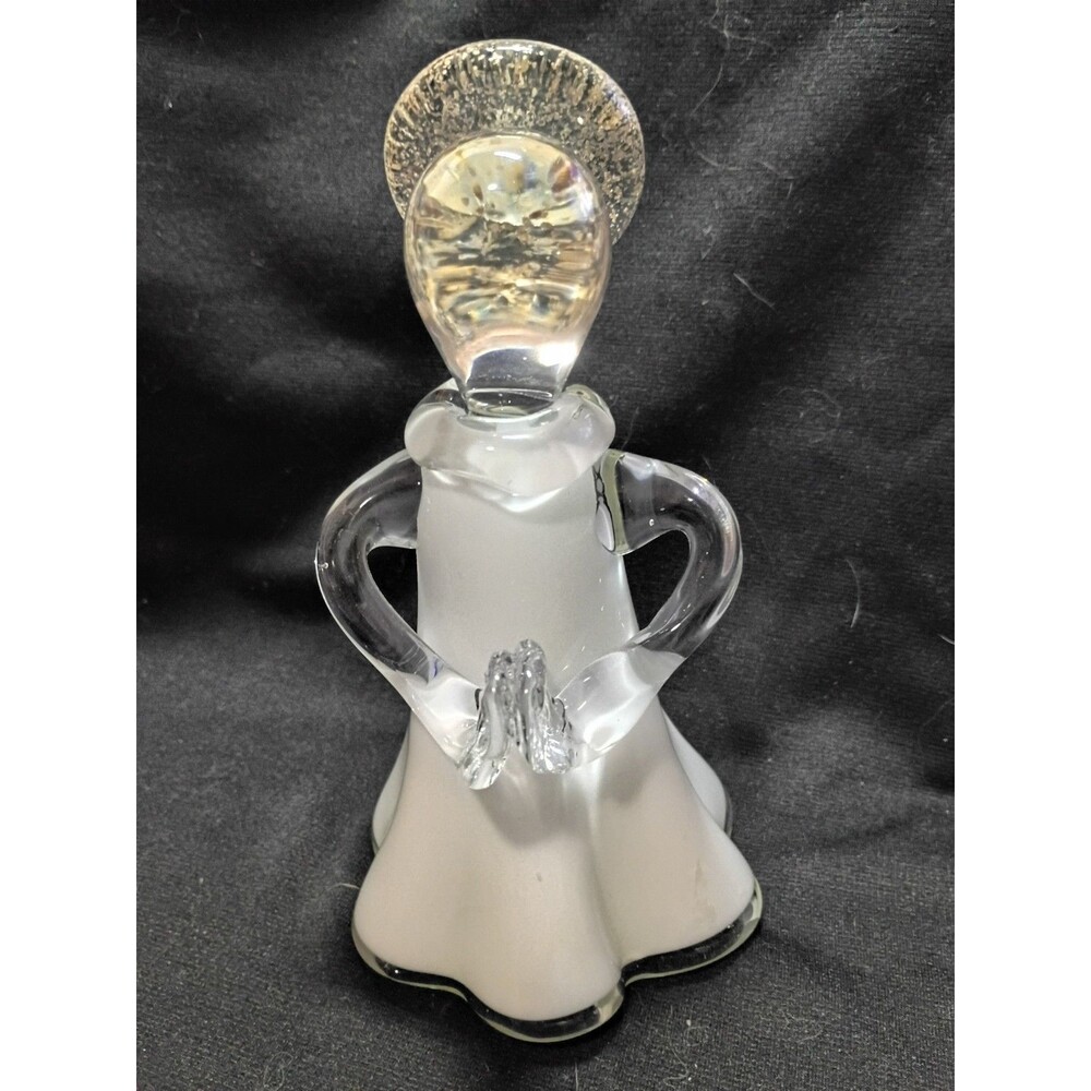 7" Art Glass Virgin Mary Madonna Praying Figurine Frosted White Gold Halo